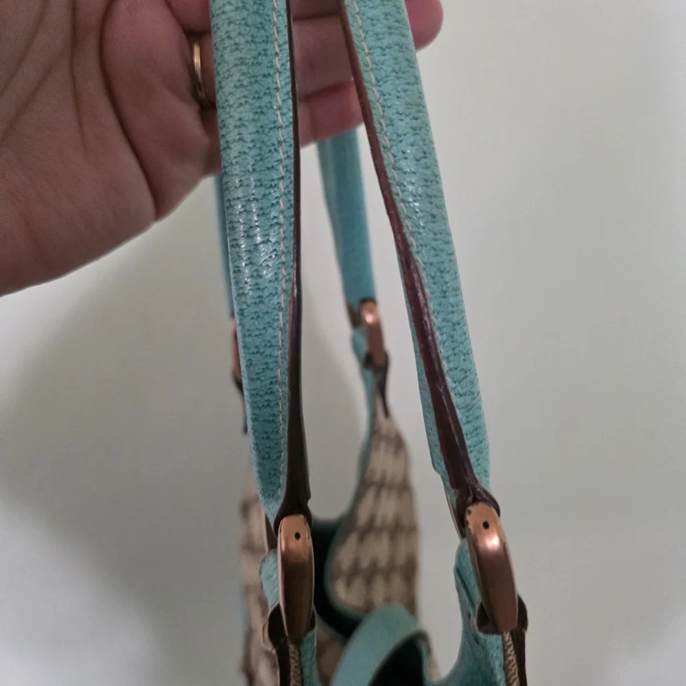 Gucci Brown Monogram Shoulder Bag with Teal Leather Trim - Picture 6 of 7